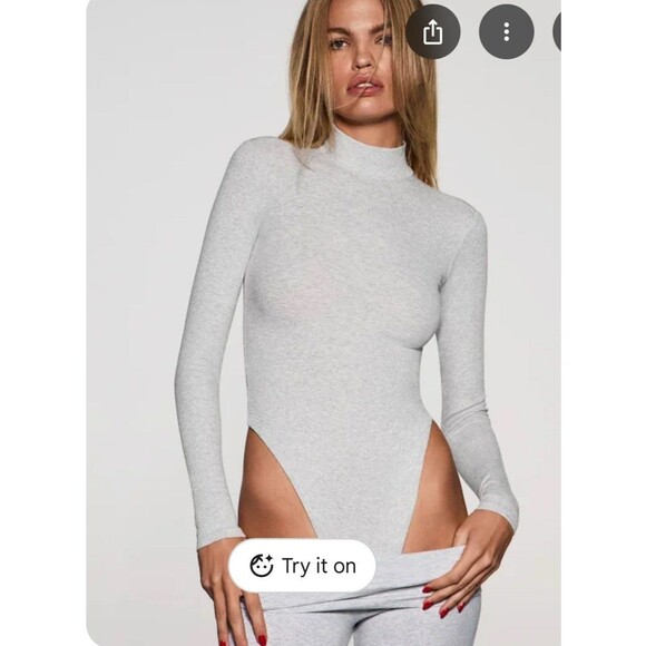 NWT Skims  Light heather Grey Cotton Rib Turtleneck Bodysuit - Picture 2 of 7